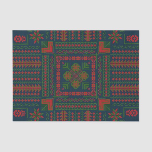Papier Mousseline Broderie palestinienne Tatreez rouge vert 5 Motif (Recto)