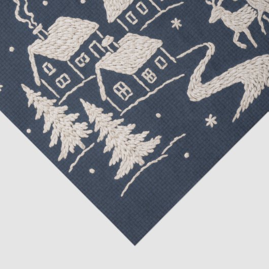 Papier Mousseline Broderie Village de neige de Noël Scène Bleu Blanc (Détail)