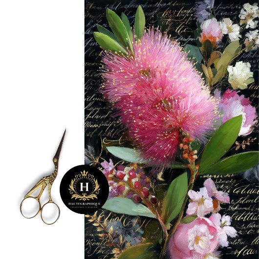 Papier Mousseline Brosse à fond rose et découpage à fleurs