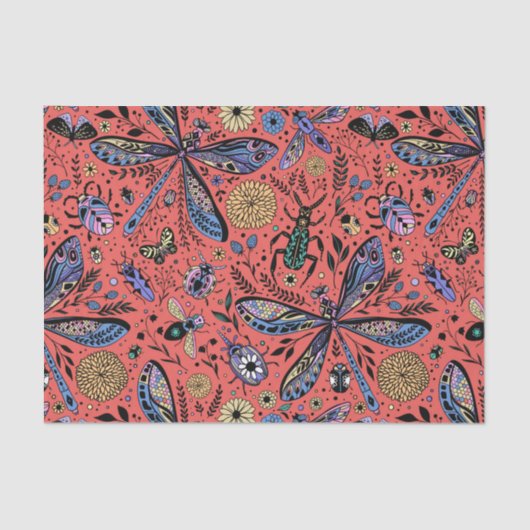 Papier Mousseline Bugs de Doodle sur corail rouge (Recto)