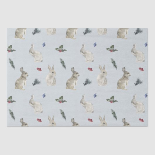 Papier Mousseline Bunnies, Holly et Berries Blue (Recto)