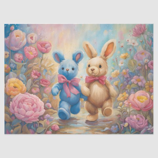 Papier Mousseline Bunnies Stuffés Dans un Jardin Pastel (Recto)