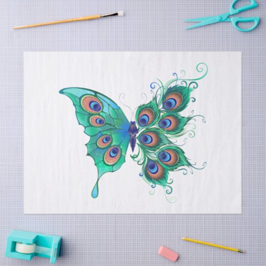 Papier Mousseline Butterfly with Green Peacock Feathers (Artisanat)