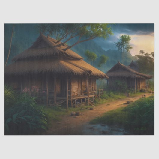 Papier Mousseline Cabane De Bambou Dans La Découpage Du Village (Recto)