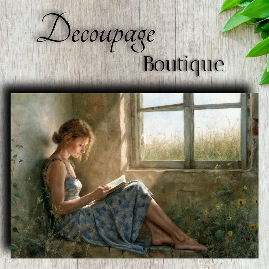 Papier Mousseline Cabane de lecture Dame Rustique Bleue Decoupage