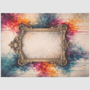 Papier Mousseline Cadre baroque doré orné aquarelle coloré