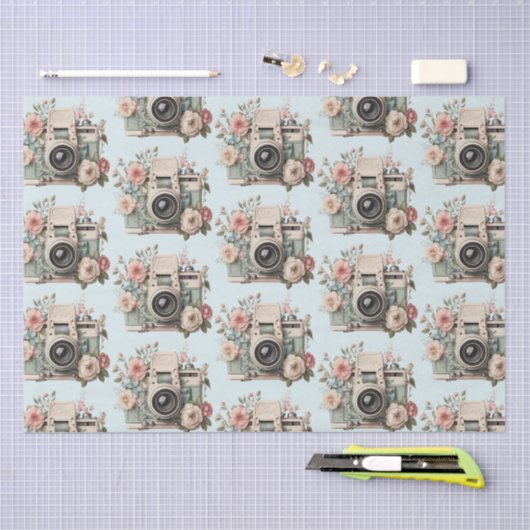 Papier Mousseline Camera with Flowers Retro Pastel Image Pattern (Artisanat)