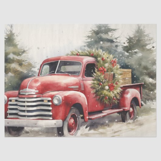 Papier Mousseline Camion rouge rustique avec arbres de Noël neigeux (Recto)