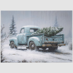 Papier Mousseline Camion turquoise vintage avec arbre de Noël