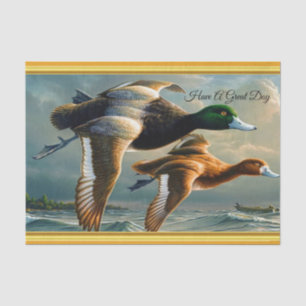 Papier Mousseline Canards volant au-dessus de la mer avec un petit