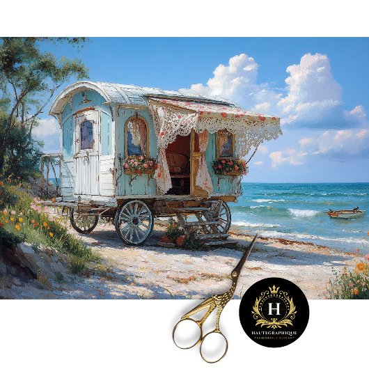 Papier Mousseline Caravane Gitane Bleue de Bord de Mer Decoupage