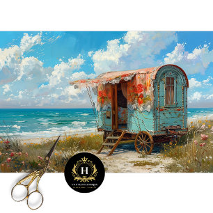 Papier Mousseline Caravane Gitane de Bord de Mer Turquoise Decoupage
