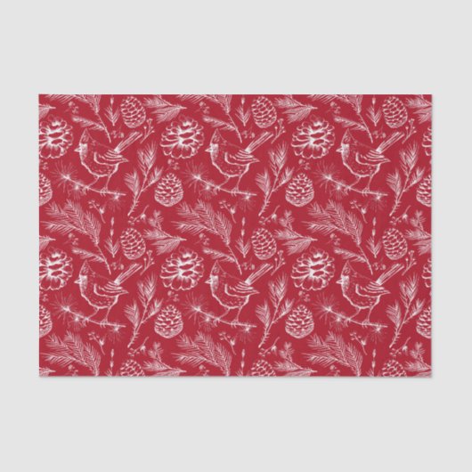 Papier Mousseline Cardinal perché, Pinecones et Berries d'hiver Roug (Recto)