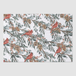 Papier Mousseline Cardinal Rouge Branches de genièvres Berries Papie