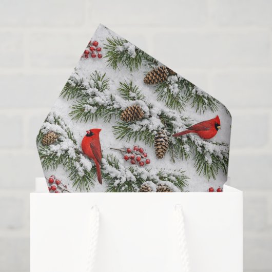 Papier Mousseline Cardinal Rouge enneigé Persistant Hiver (Sac cadeau)