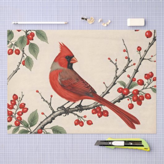 Papier Mousseline Cardinaux et baies rouges (Artisanat)