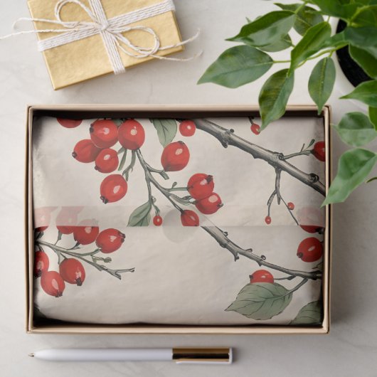 Papier Mousseline Cardinaux et baies rouges (Cadeau)