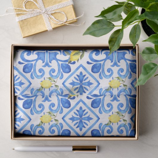 Papier Mousseline Carreau bleu citron jaune (Cadeau)