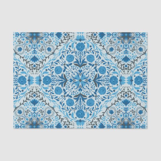 Papier Mousseline Carreaux à fleurs bleus (Recto)