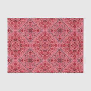 Papier Mousseline Carreaux floraux en rouge et pastèque rose