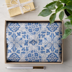 Papier Mousseline Carreaux Portugais Floral Méditerranéen Bleu