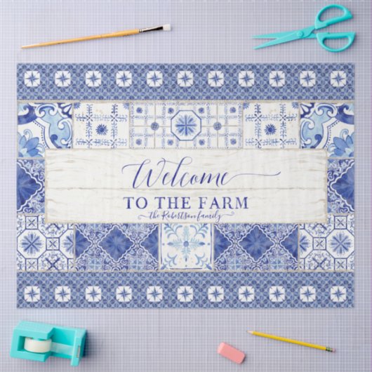 Papier Mousseline Carrelage agricole Bleu Blanc Rustique Bois Découp (Artisanat)