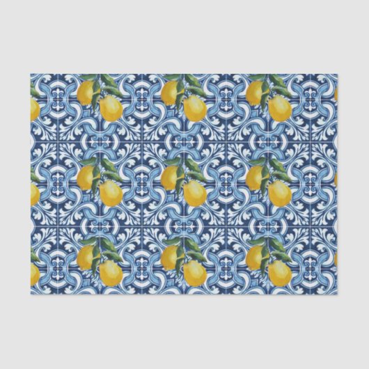 Papier Mousseline Carrelage bleu et citrons Amalfi Positano thème (Recto)
