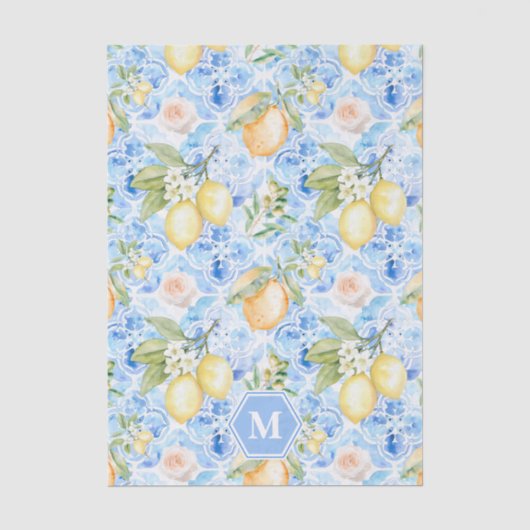 Papier Mousseline Carrelage Bleu Méditerranéen Limoncello Monogramme (Recto)