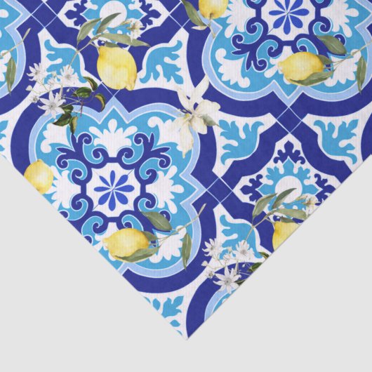 Papier Mousseline Carrelage méditerranéen, carrelage bleu, citron, (Détail)