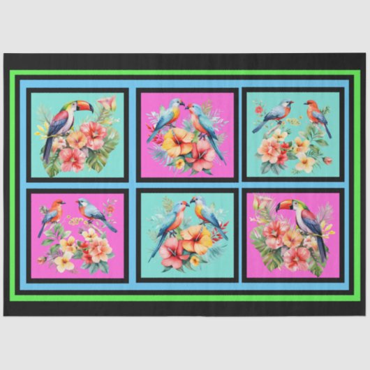 Papier Mousseline Carrelage Motif Découpage coloré d'oiseaux tropica (Recto)