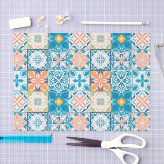 Papier Mousseline Carrelage orange et bleu (Artisanat)