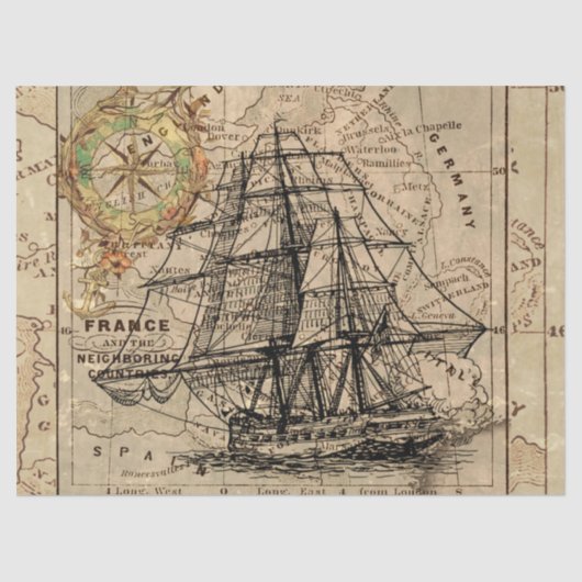 Papier Mousseline Carte à l'ancienne et voilier épique (Recto)