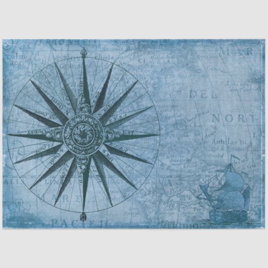 Papier Mousseline Carte nautique Sailboat Compas Découpage bleu (Recto)