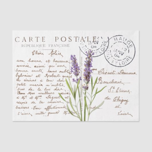 Papier Mousseline Carte Postale French Script Lavender Flower Craft (Recto)