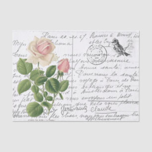 Papier Mousseline Carte postale Vintage à thé rose Rose Bird Script
