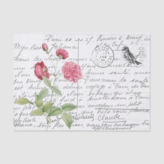 Papier Mousseline Carte postale Vintage Rose Roses Oiseaux (Recto)