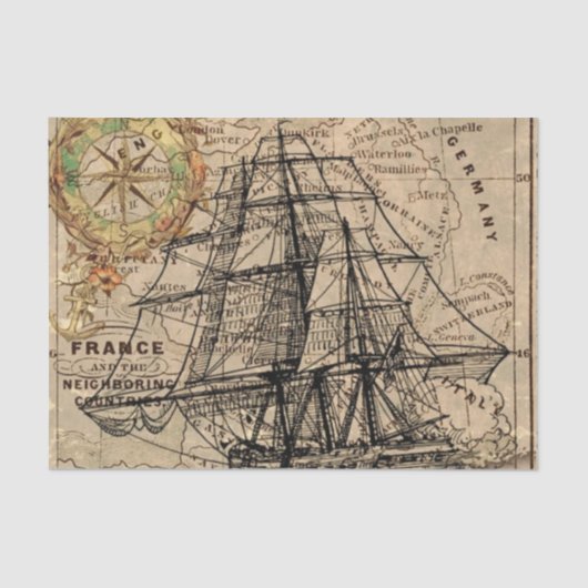 Papier Mousseline Carte vintage et bateau (Recto)