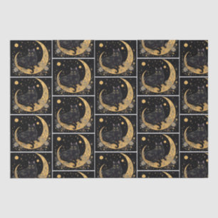 Papier Mousseline Cat noir croissant Lune Floral Blanc Halloween