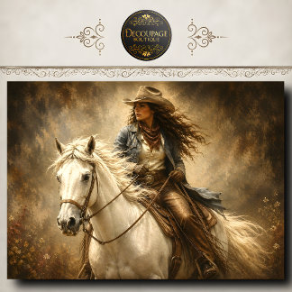Papier Mousseline Cavalière chevauchant un cheval blanc, art western