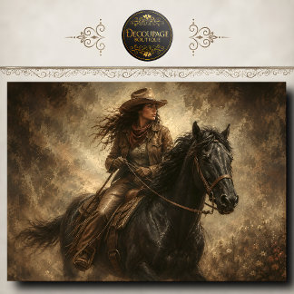Papier Mousseline Cavalière sur cheval noir, portrait western, oeuvr
