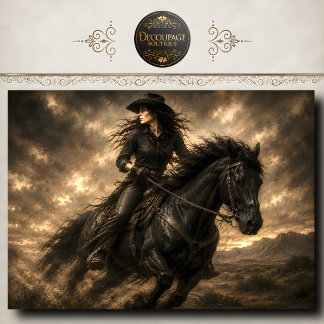 Papier Mousseline Cavalière sur un cheval noir - Art mural western