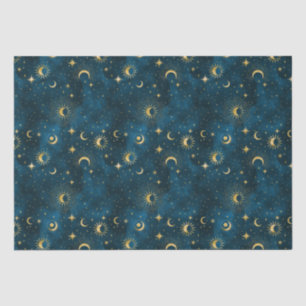 Papier Mousseline Céleste Bleu et Or Starry Night Crescent Lune