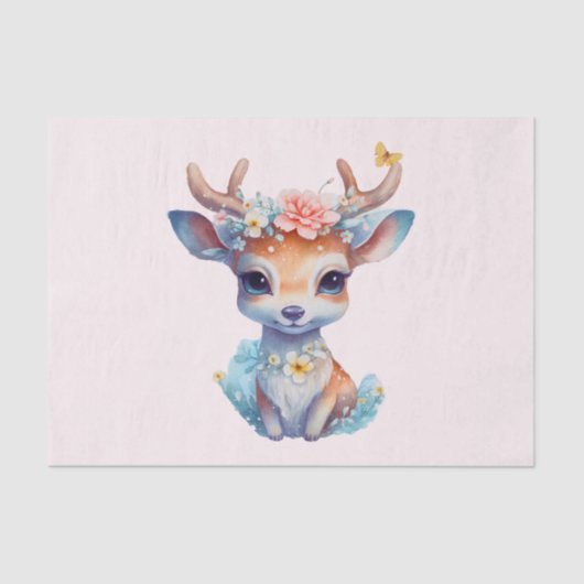 Papier Mousseline Cerf de Bébé mignon avec Antlers et Fleurs (Recto)