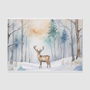Papier Mousseline Cerf en forêt neigeuse Arbres de Noël Aquarelle