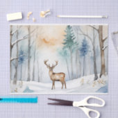 Papier Mousseline Cerf en forêt neigeuse Arbres de Noël Aquarelle (Artisanat)