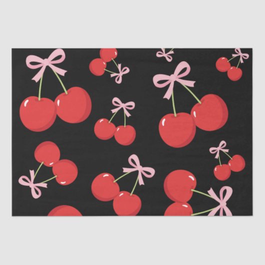 Papier Mousseline Cerises Noires avec Coquette au Ruban Rose (Recto)