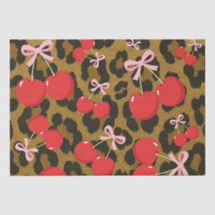 Papier Mousseline Cerises Rouges avec Nœud Rose Imprimé Léopard Coqu