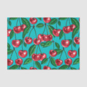 Papier Mousseline Cerises rouges sur turquoise (Recto)