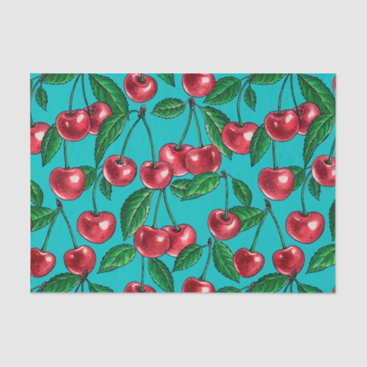 Papier Mousseline Cerises rouges sur turquoise (Recto)