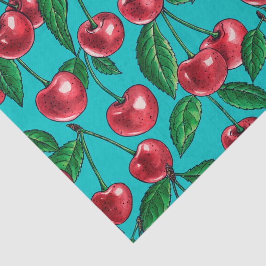 Papier Mousseline Cerises rouges sur turquoise (Détail)